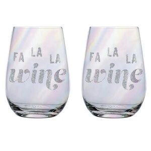 20 oz Stemless Wine Glasses - Set of 2 - FA LA LA Holiday - 3.5” X 5” - NEW